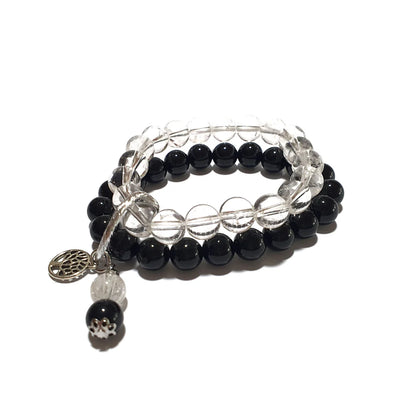 Gems Onyx and Clear Quartz double layer gemstone bracelet