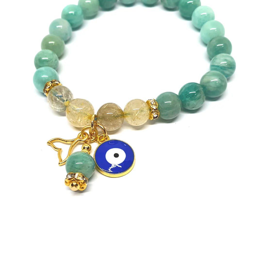 Gems Rutilated Quartz and Amazonite with Evil Eye and Mermaid's Tail Charm