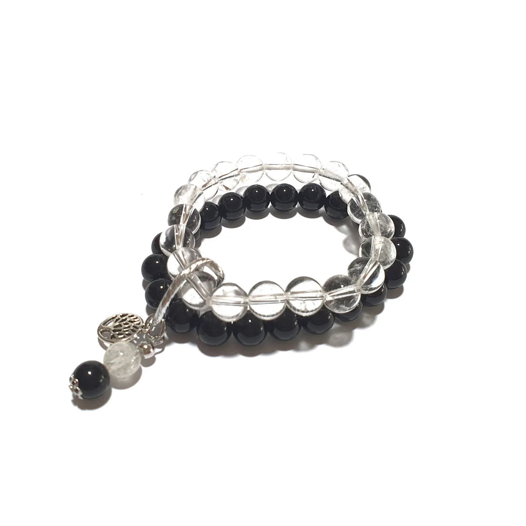 Gems Onyx and Clear Quartz double layer gemstone bracelet