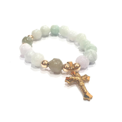 Gems Lotus jade rosary bracelet in 10K spacers and stainless Cross