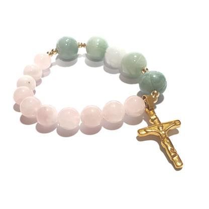 Gems Rose Quartz and lotus jade rosary bracelet in 10K spacers and stainless Cross