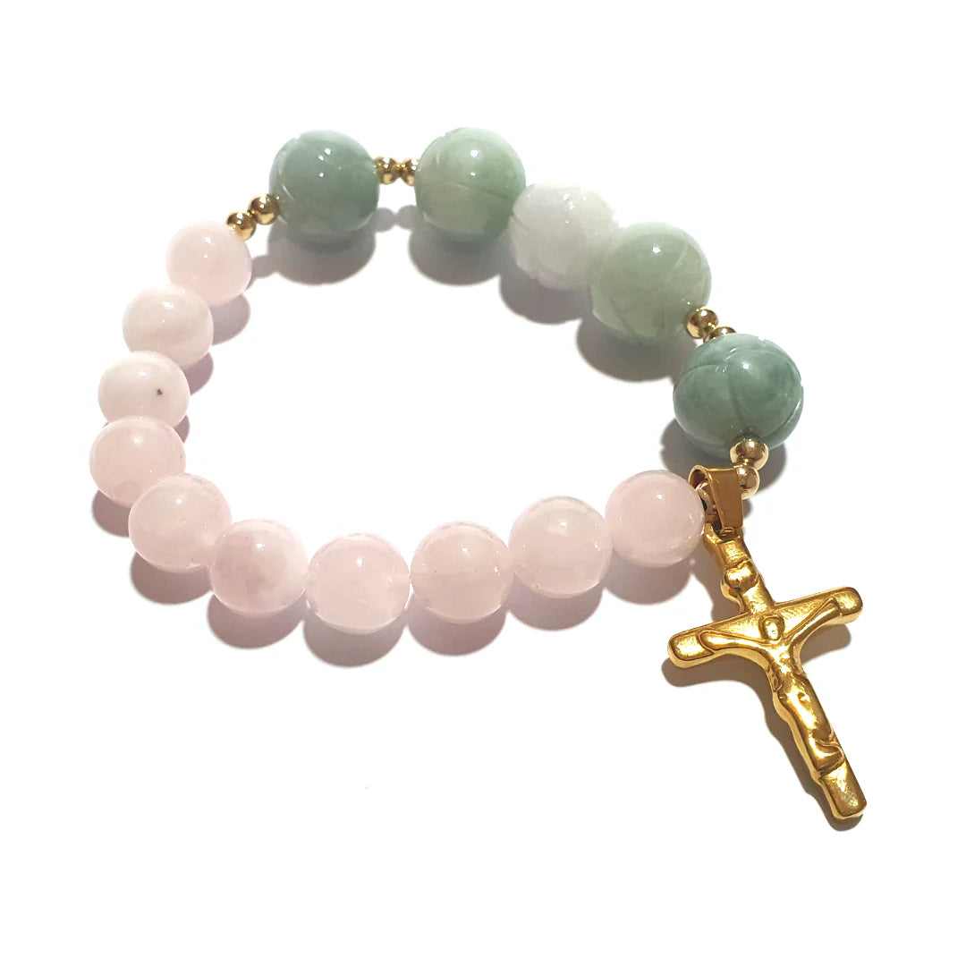 Gems Rose Quartz and lotus jade rosary bracelet in 10K spacers and stainless Cross