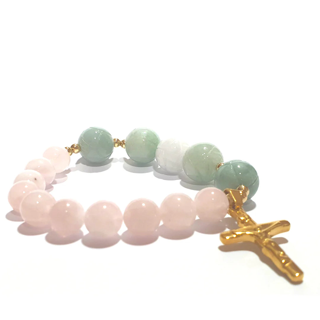 Gems Rose Quartz and lotus jade rosary bracelet in 10K spacers and stainless Cross