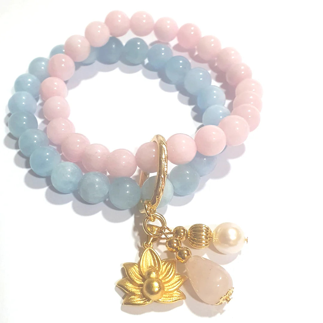 Gems Madagascar Rose quartz and high grade aquamarine double layer combination bracelet