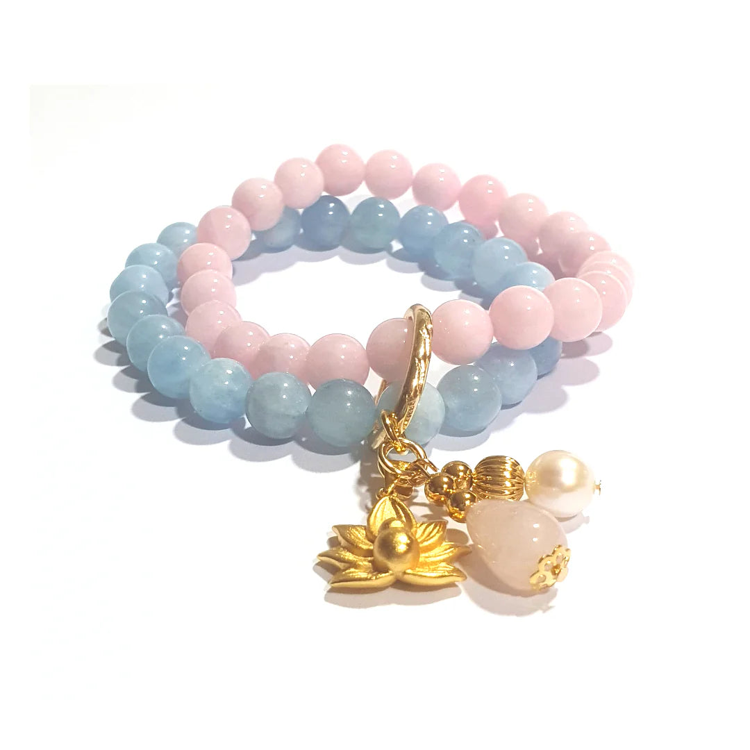 Gems Madagascar Rose quartz and high grade aquamarine double layer combination bracelet