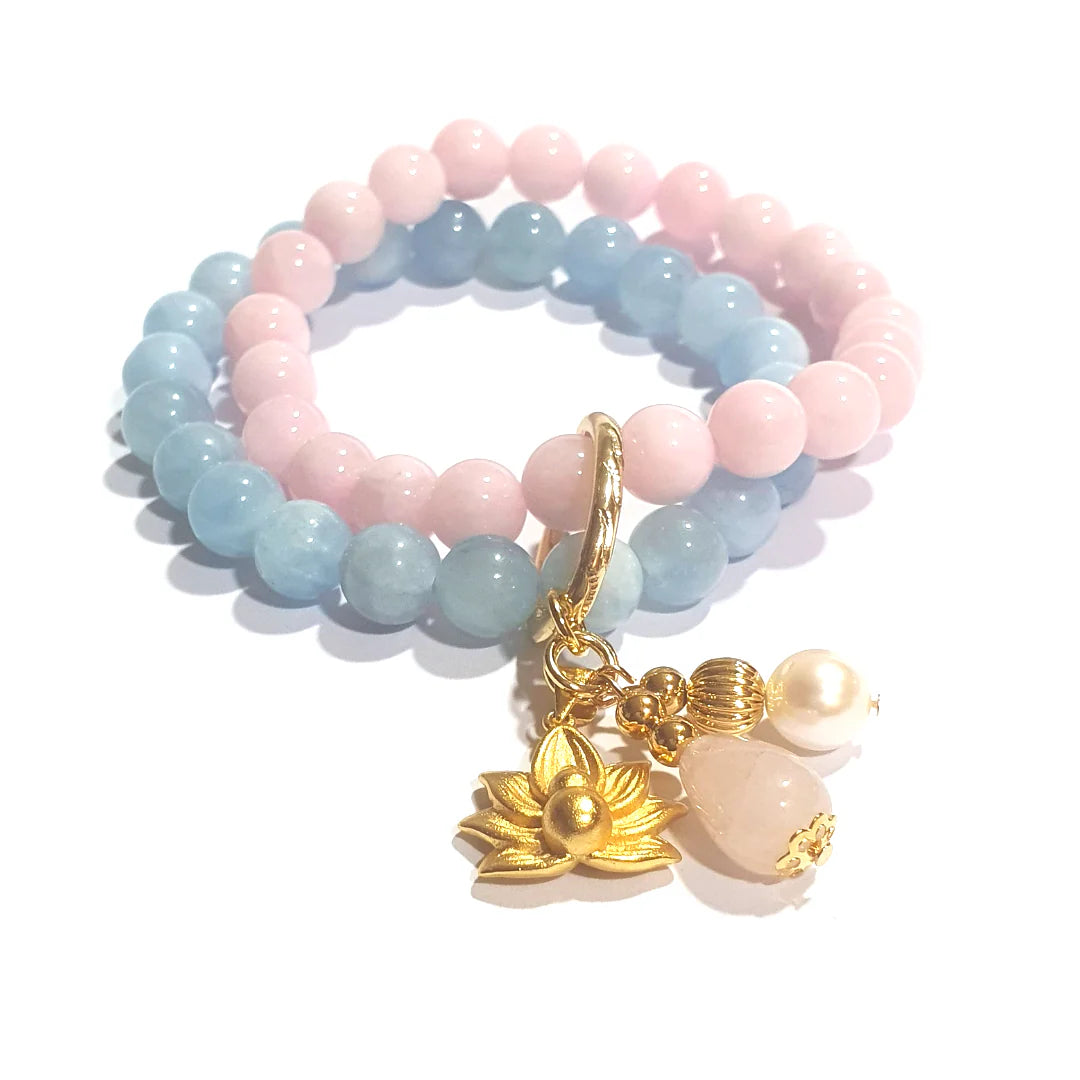 Gems Madagascar Rose quartz and high grade aquamarine double layer combination bracelet