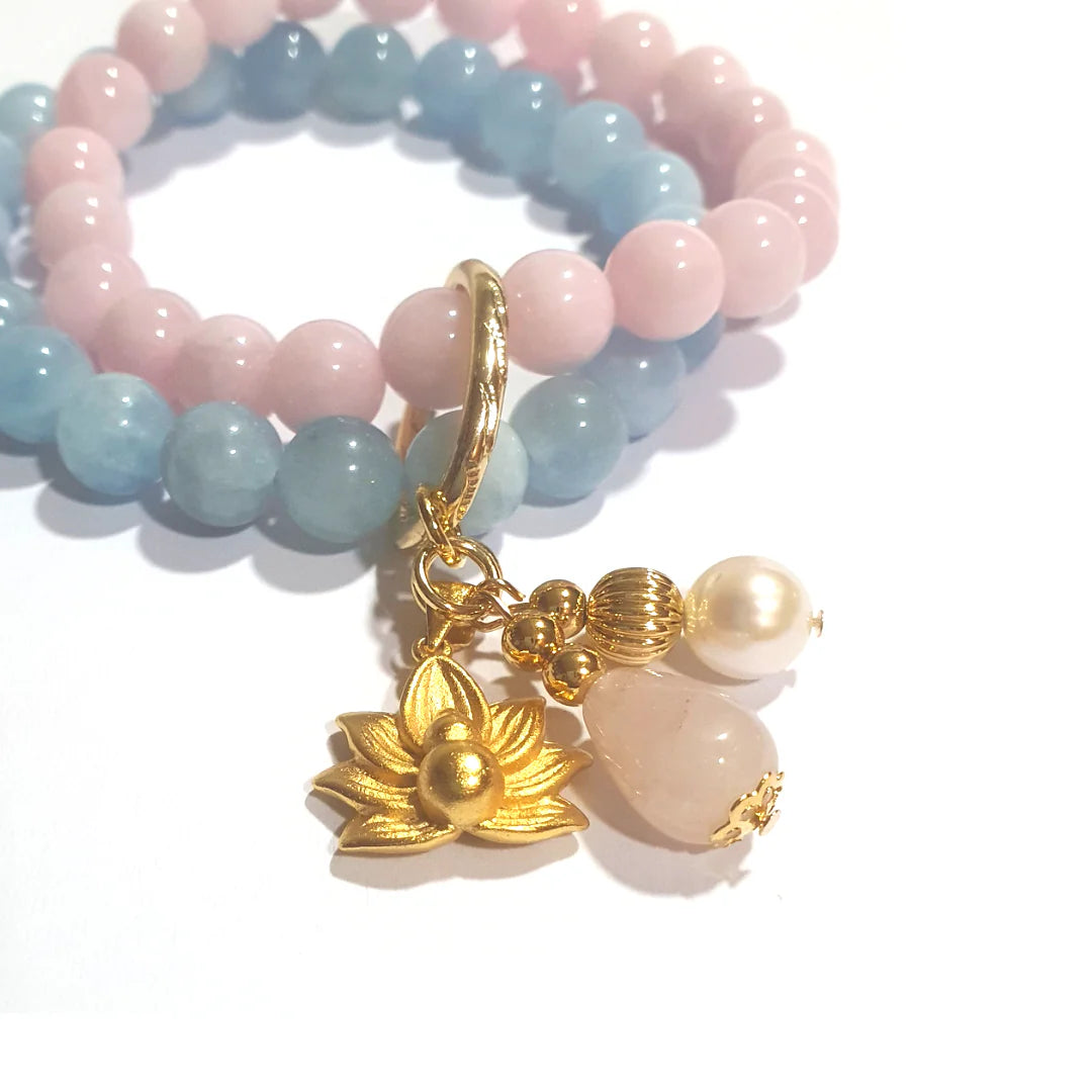 Gems Madagascar Rose quartz and high grade aquamarine double layer combination bracelet