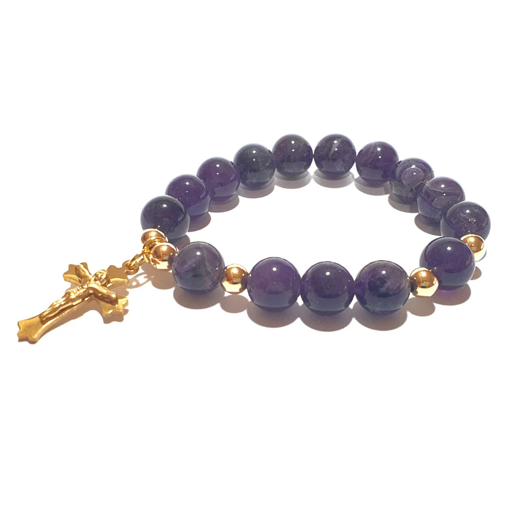 Gems Amethyst Rosary bracelet with 10K spacers and Stainless Cross