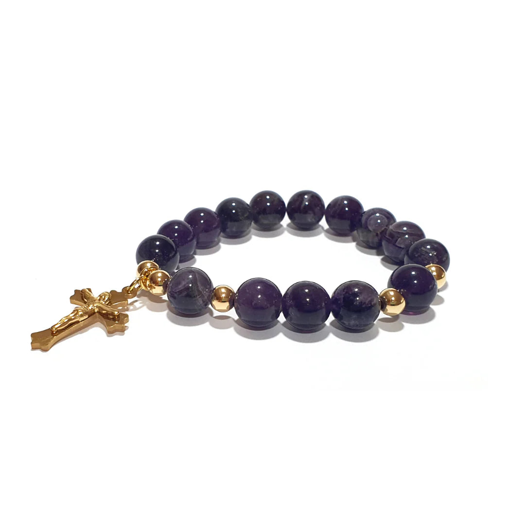 Gems Amethyst Rosary bracelet with 10K spacers and Stainless Cross