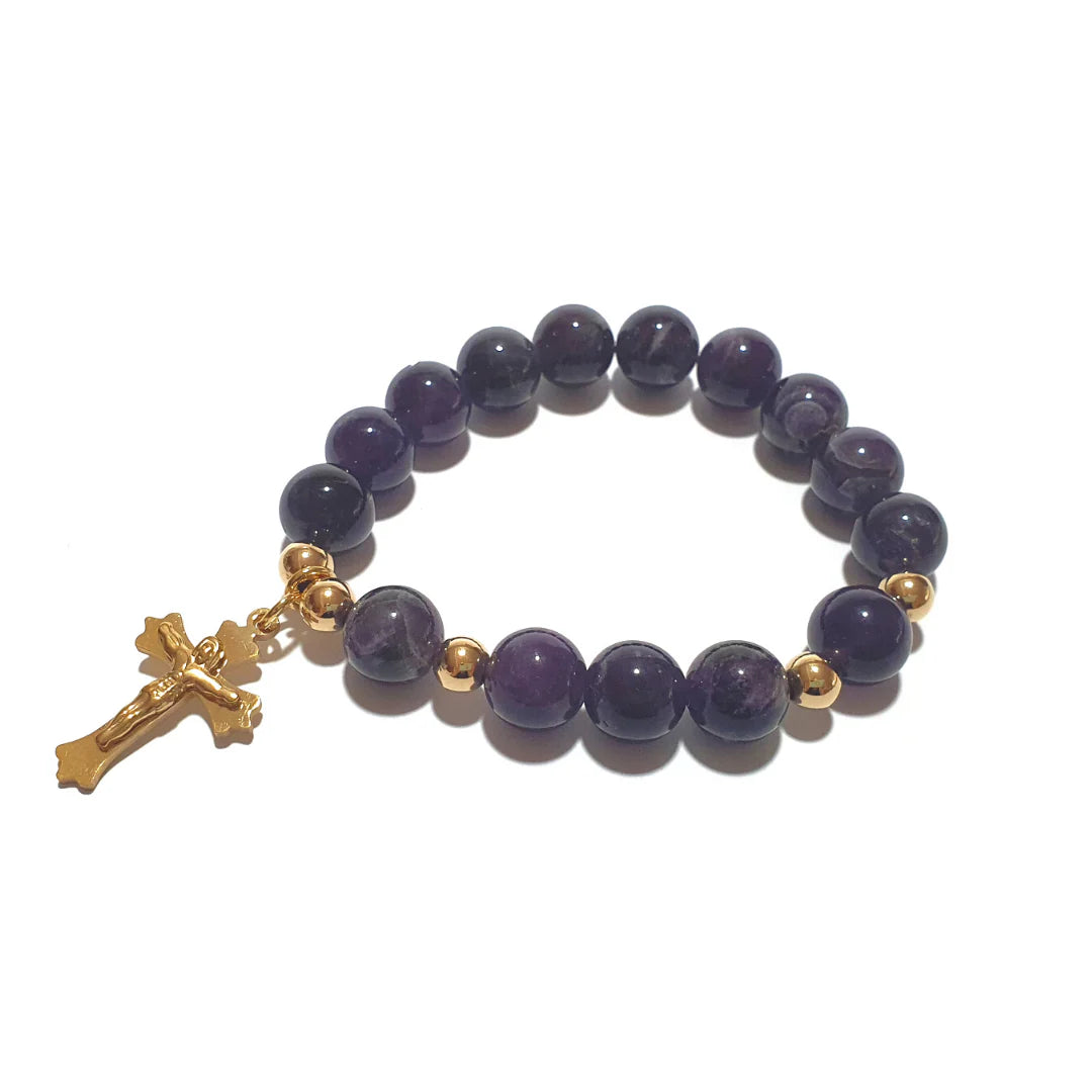 Gems Amethyst Rosary bracelet with 10K spacers and Stainless Cross