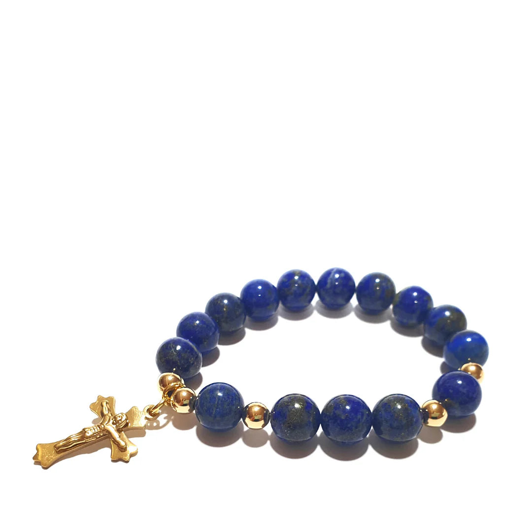 Gems Lapis Lazuli rosary bracelet in 10K spacers and stainless Cross