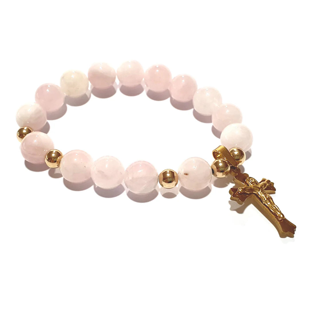 Gems Rose Quartz rosary bracelet in 10K spacers and stainless Cross