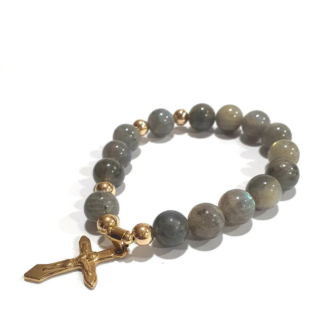 Gems Labradorite Rosary in 10K spacers with Stainless Cross