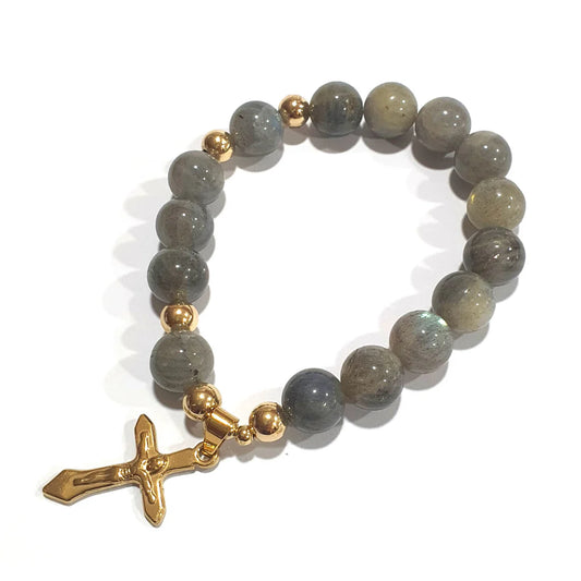 Gems Labradorite Rosary in 10K spacers with Stainless Cross