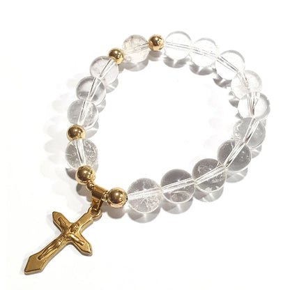 Gems Clear Quartz Rosary in 10K spacers with Stainless Cross