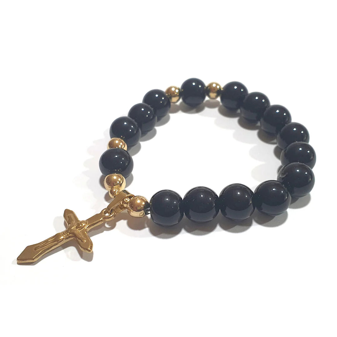 Gems Onyx Rosary in 10K spacers with Stainless Cross