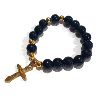 Gems Onyx Rosary in 10K spacers with Stainless Cross