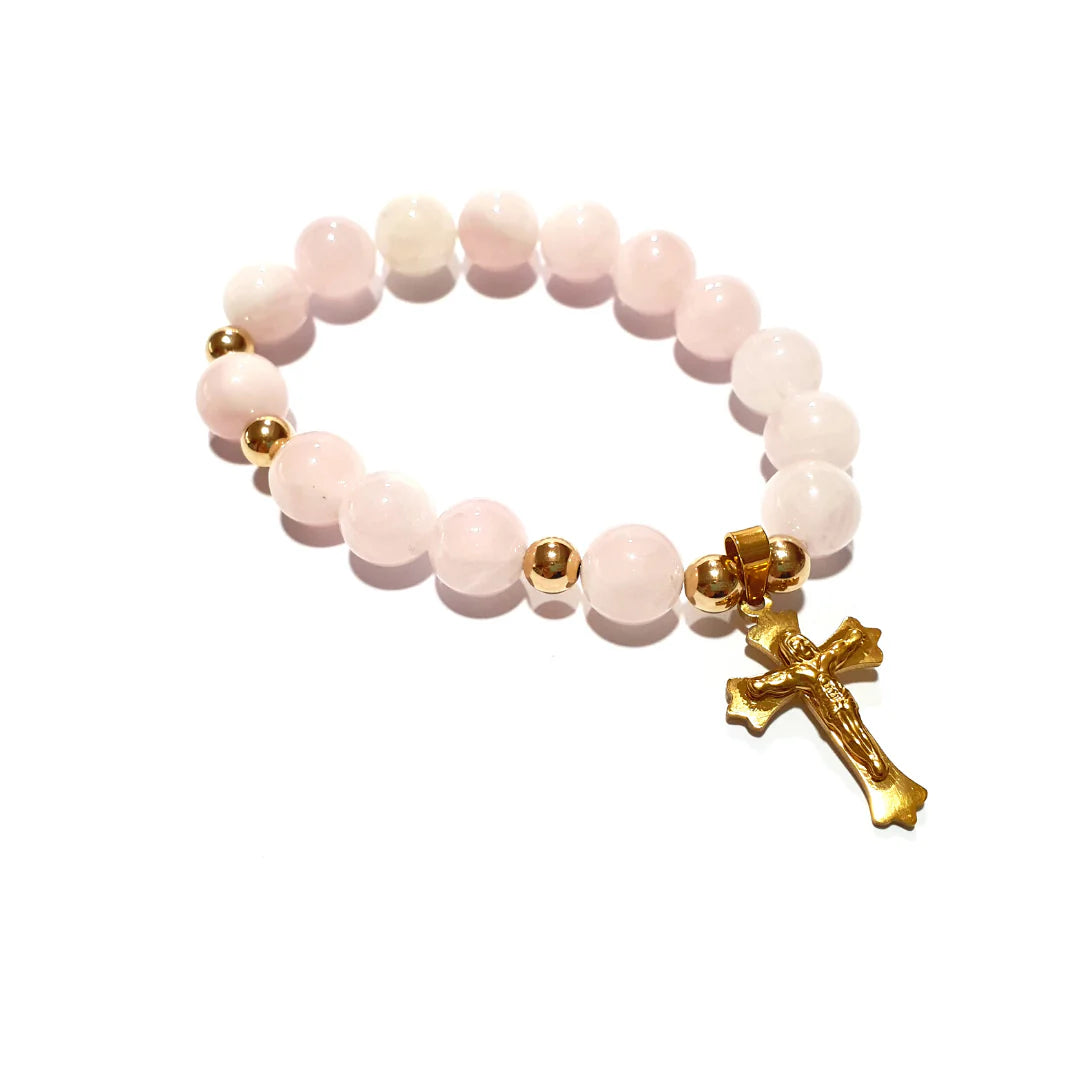 Gems Rose Quartz rosary bracelet in 10K spacers and stainless Cross