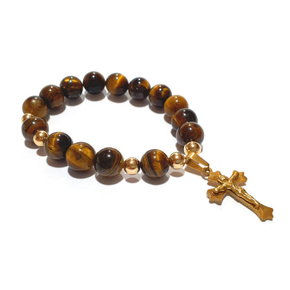 Gems Tiger Eye Rosary bracelet in 10K spacers and stainless Cross