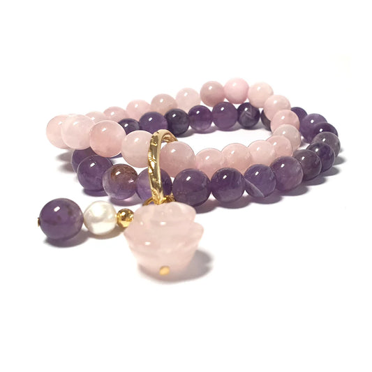 Gems Madagascar Rose Quartz and Amethyst Double Layer