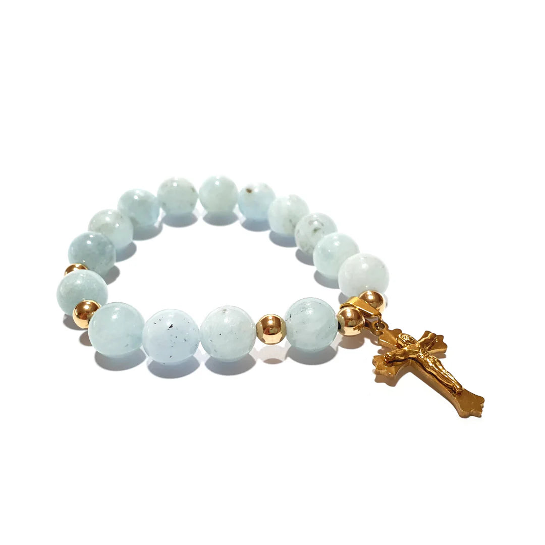 Gems Aquamarine Rosary in 10K spacers with Cross