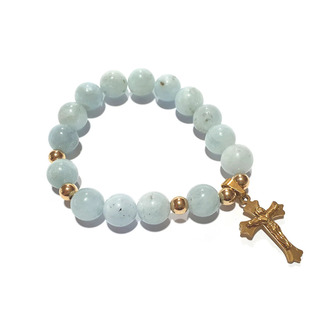 Gems Aquamarine Rosary in 10K spacers with Cross