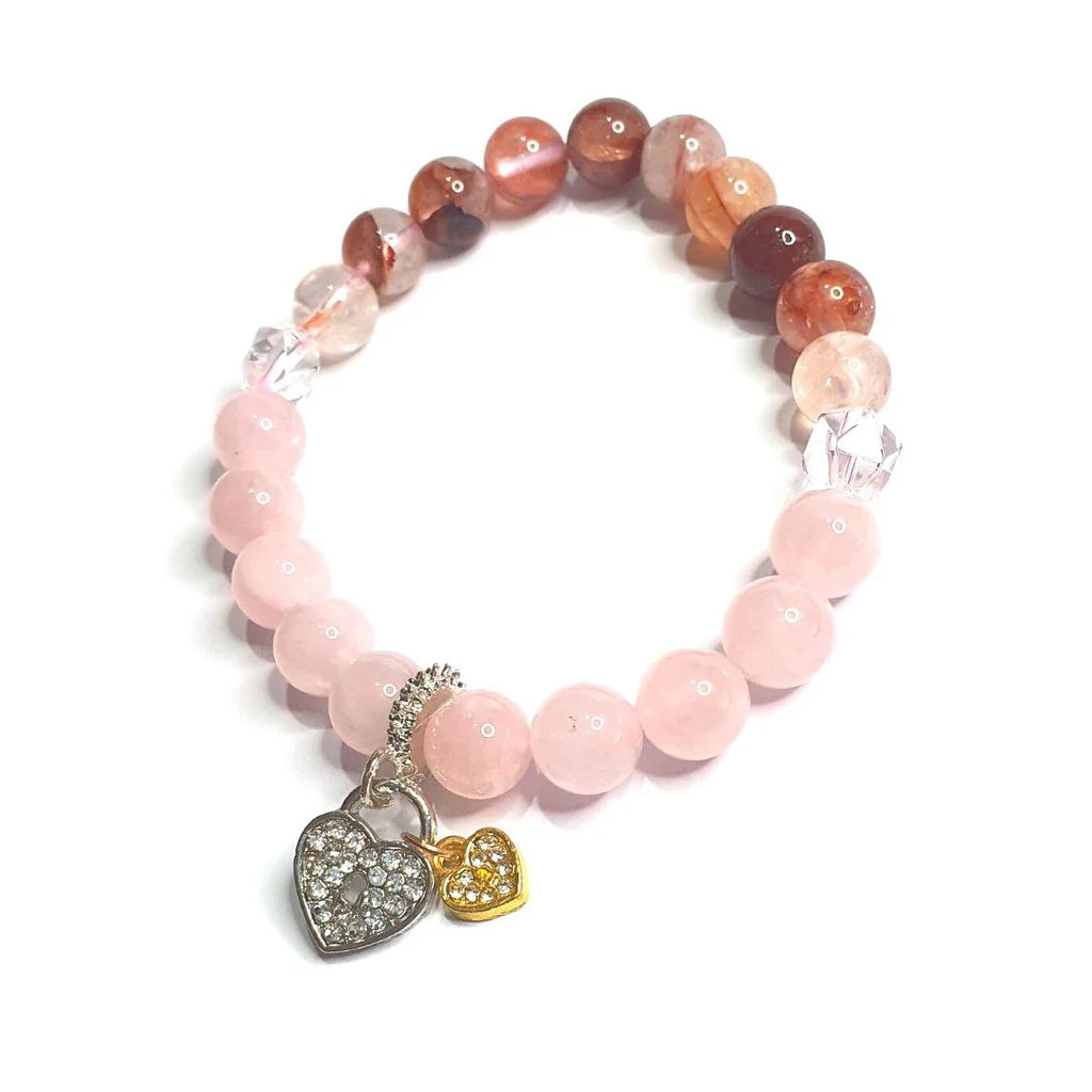 Gems Self Love fire quartz and rose quartz with double heart gemstone bracelet